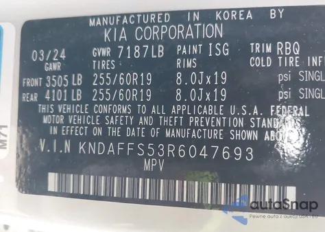 2024 Kia Ev9 Wind from USA, damaged, VIN KNDAFFS53R6047693